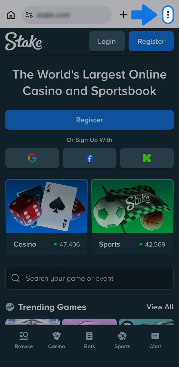 Before installing the Stake app, open your browser menu and familiarise yourself with the available features.