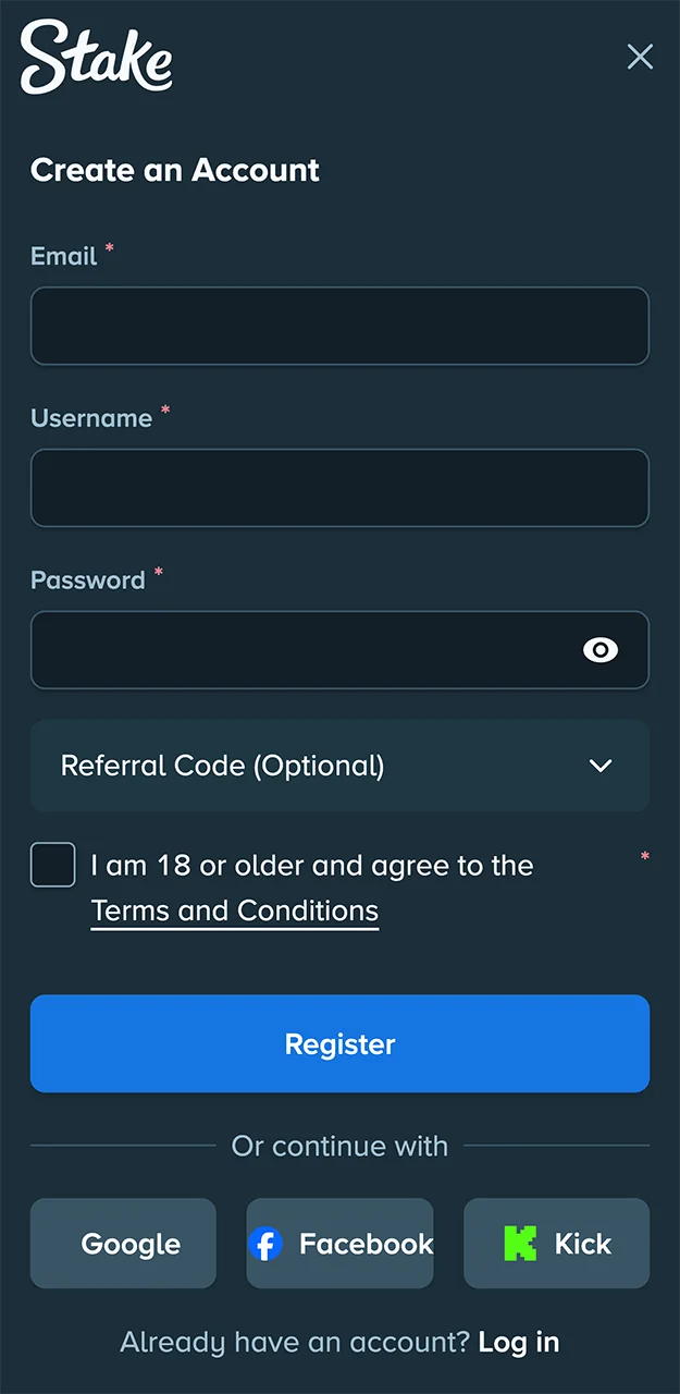 Quick registration form in the Stake app.