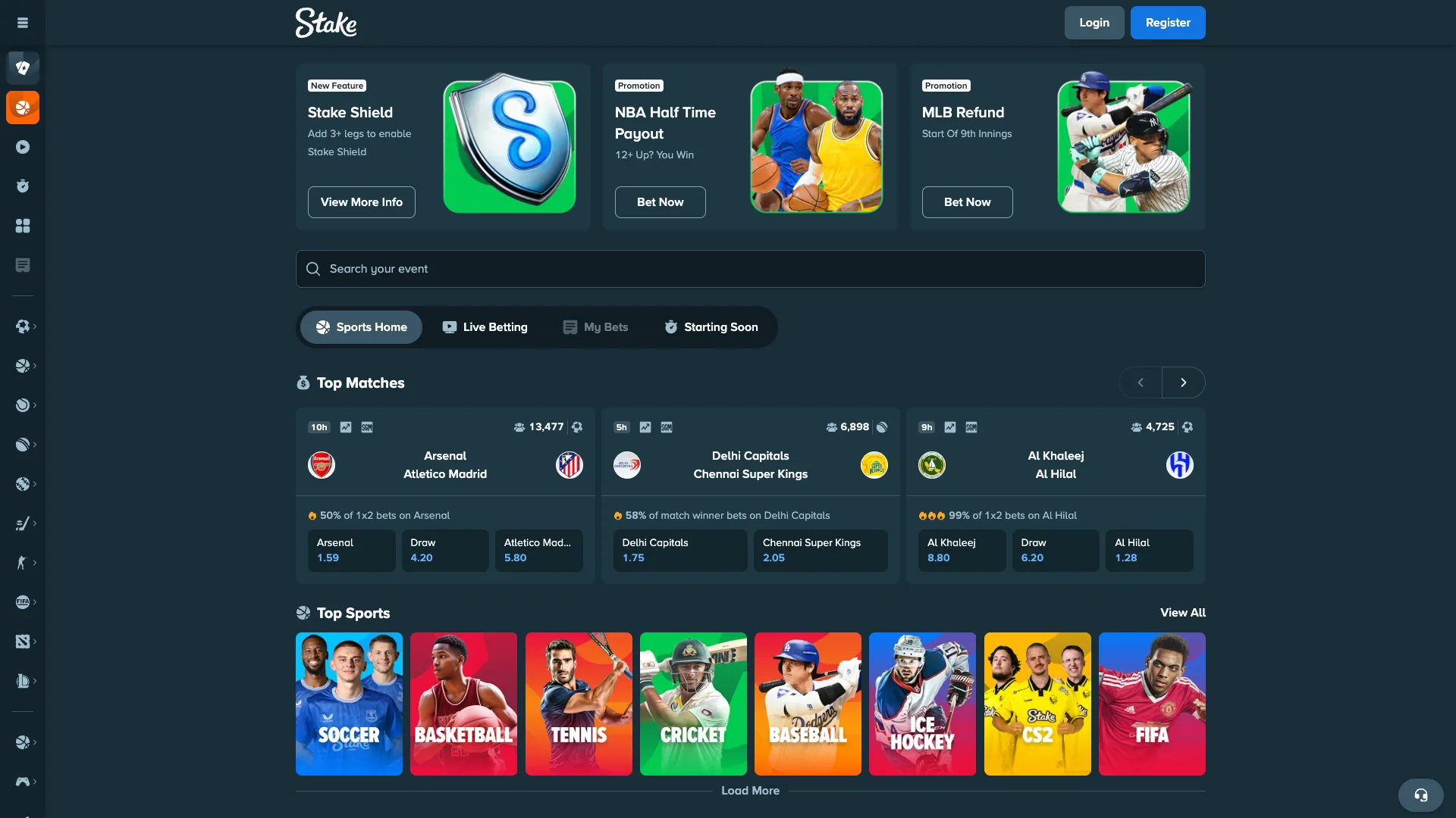 Sports betting on the Stake website.